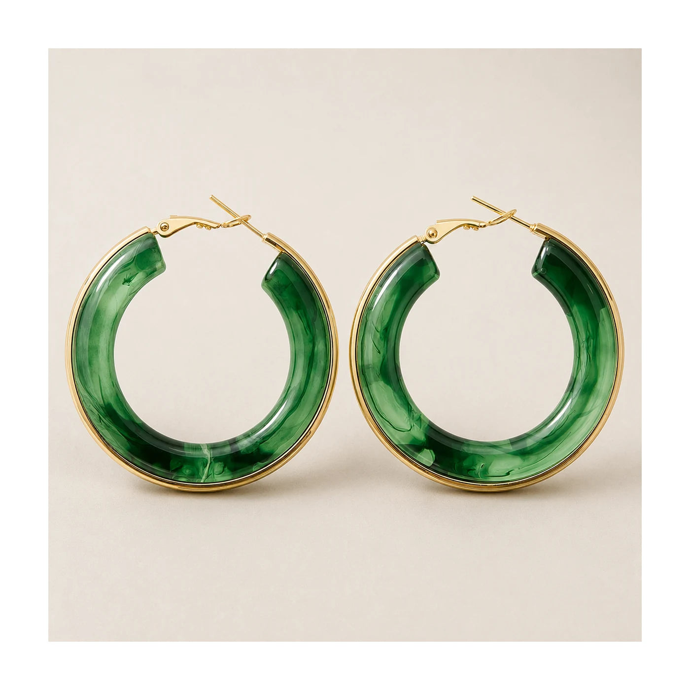 Green Marble Gold Hoop Earrings
