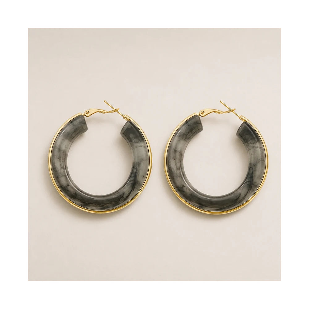 Black Marble Gold Hoop Earrings