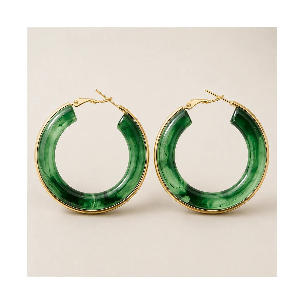 Green Marble Gold Hoop Earrings