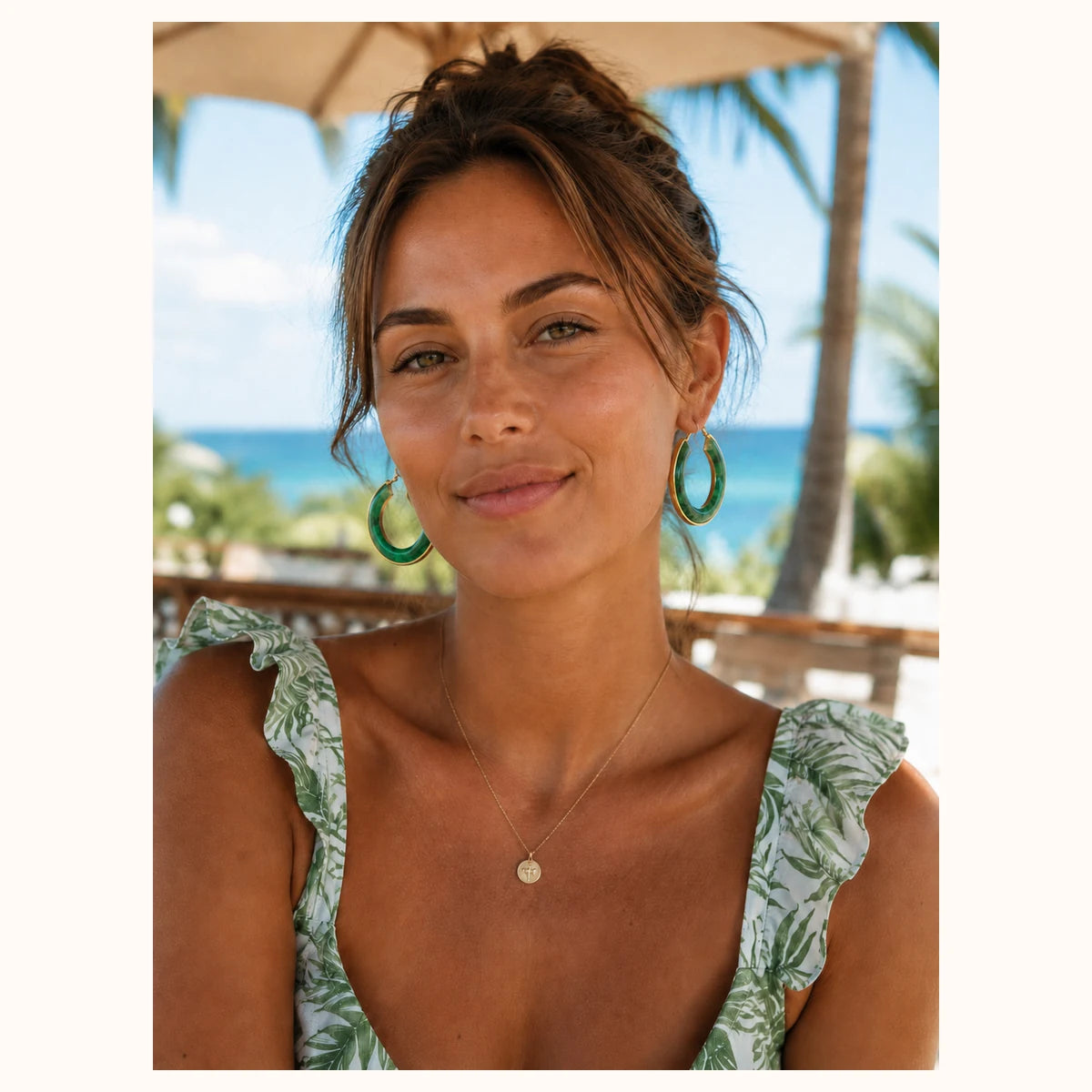Green Marble Gold Hoop Earrings alternate view